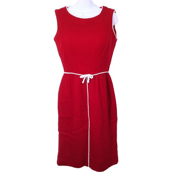 Vintage 60s Handmade Sheath Tank Dress Lady(8) Wool Piping-Trim Bow Zipper Red - Picture 1 of 10